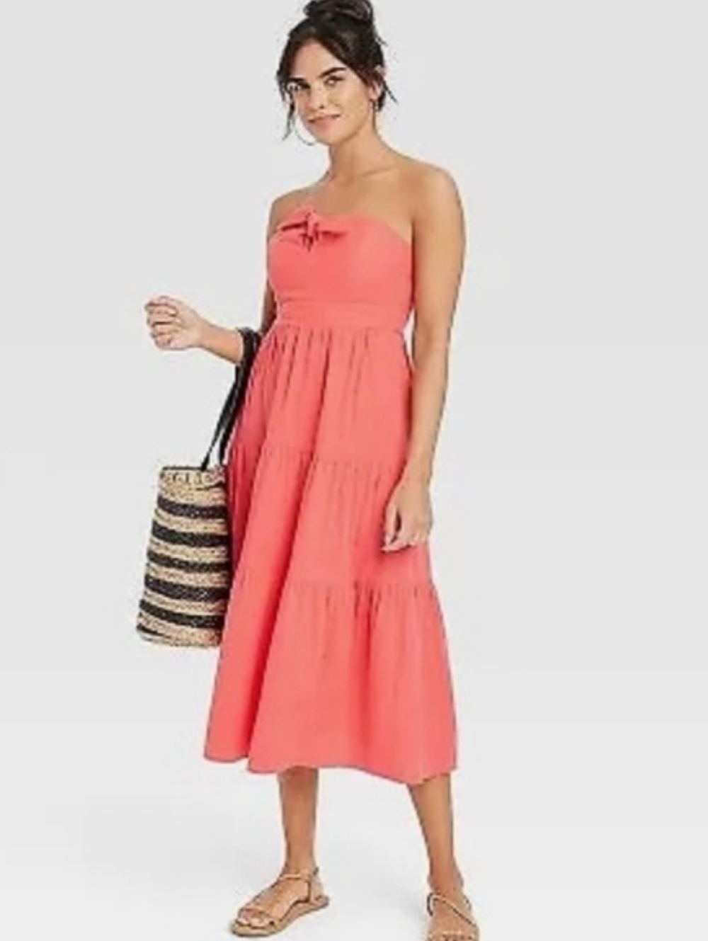 Strapless Tie-Front Tiered Midi Sun Dress With Pockets Coral Pink Womens Size S